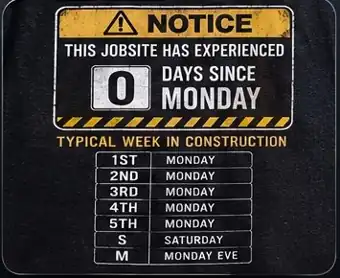 Typical Week in Construction tee: a safety placard reading This jobsite has experienced 0 days since Monday