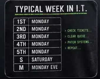 Typical Week in I.T. tee: a terminal-style list of five Mondays, then Saturday, then Monday Eve