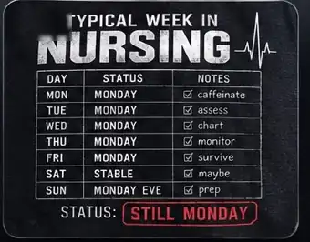 Typical Week in Nursing tee: a patient status chart where every day reads Monday