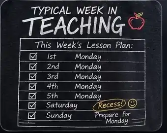 Typical Week in Teaching tee: a chalkboard lesson plan where every day is Monday and Sunday is Prepare for Monday