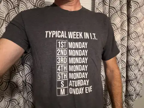 The original Typical Week in I.T. shirt the founder had made for himself